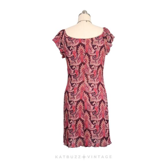 Y2K Babydoll Dress L Red Vintage Floral Paisley Beige Ribbon Feminine Dainty - Picture 4 of 11